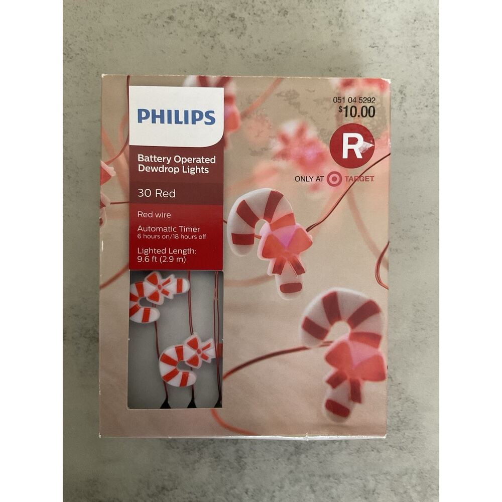 Philips Dewdrop Candy Cane Lights 30ct Battery Operated LED Auto Timer Xmas